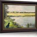 Framed Landscape Vintage Canvas Wall Art Retro Nature Green 3D Textured Botanical Painting Picture Rustic Farmhouse Antique River Black Dog Poster Print Artwork for Living Room Office Decor, 24"L x 16"W