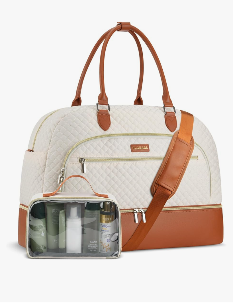 CLOKARS Weekender Bags for Women, Travel Duffle Bag Carry On Overnight Bag with Cosmetics Bag and Crossbody Purse for Gym Hospital, Gifts for Women, Beige Brown