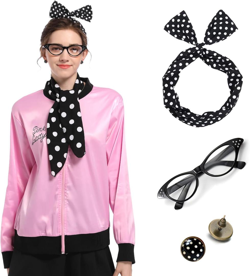 1950s Pink Ladies with black edge Satin Jacket + Disco outfit women + Halloween Cosplay Costume Set for Women Girl (Large)
