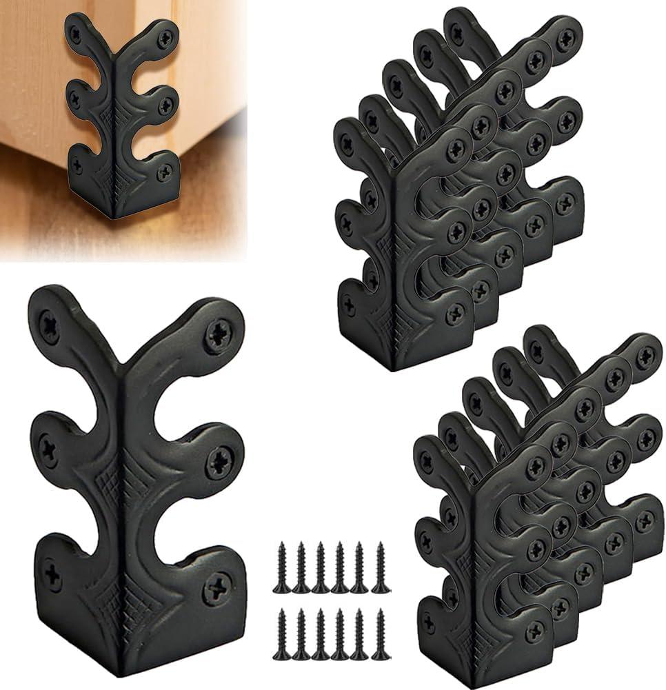 10 pcs Solid Brass Baseboard Corner Protectors, Skirting Board Corner Protectors, Vintage Metal Corner Protector Table Corner Edge Cover Safety Bracket with Screws (10, Black)