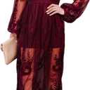 Womens Deep V Neck Short Sleeve Floral Lace Dress Long Bridesmaid Maxi Dresses (Burgundy-0), XL