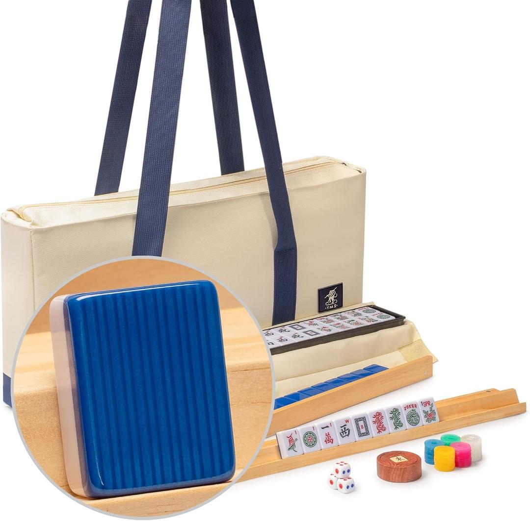 Yellow Mountain Imports American Mahjong Set, Harbor Tide with Beige and Blue Canvas Tote Bag - 4 All-in-One Racks with Pushers, Wright Patterson Scoring Coins, Dice, & Wind Indicator