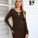 VICHYIE Women Dress Cutout Neck Bodycon Keyhole Ribbed Long Sleeve Tight Fall Mid Thigh Pencil Above Knee Mini Dresses Coffee L (Black, L)