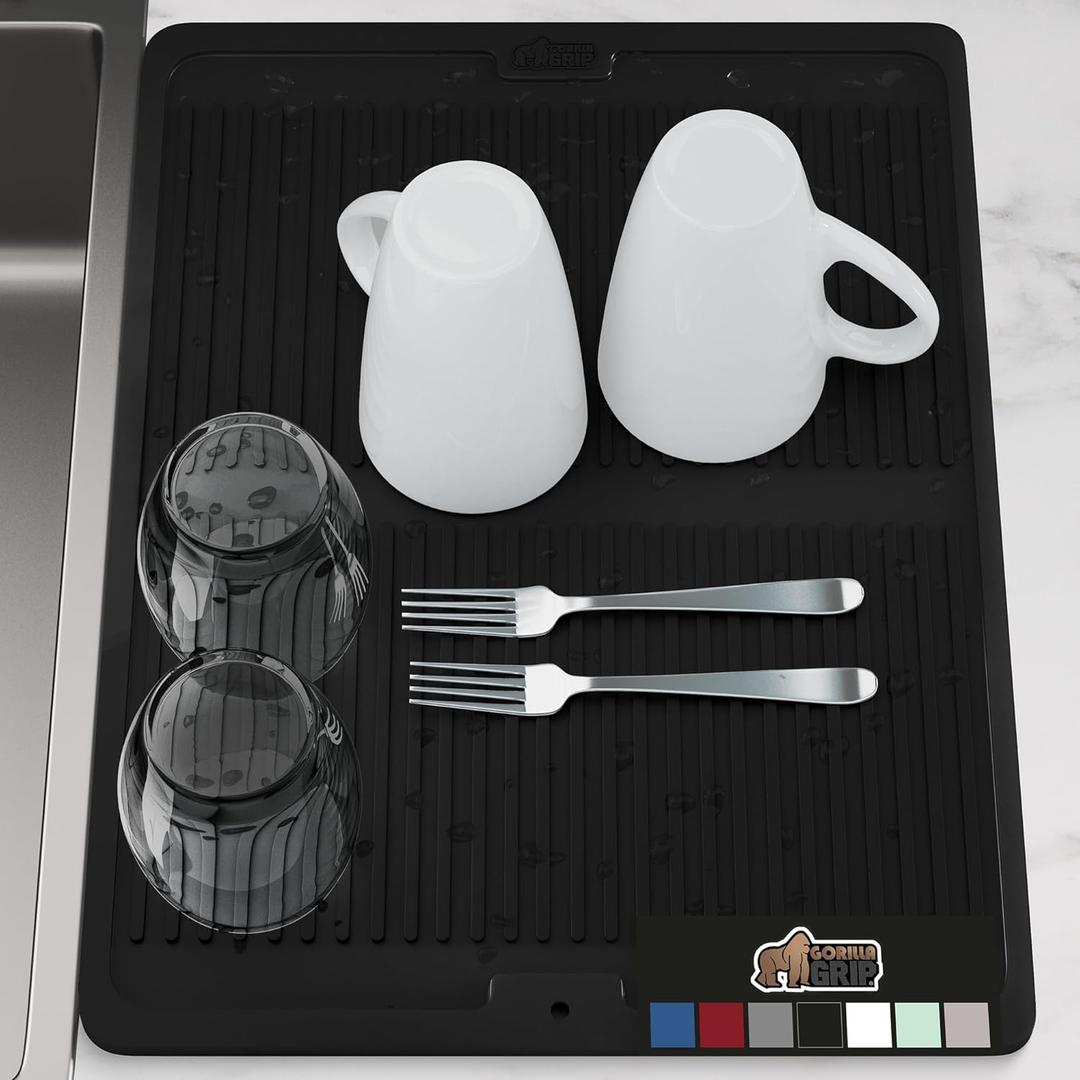 GORILLA GRIP 100% BPA-Free Silicone Dish Drying Mat for Kitchen Counters, 18x16 Inch, Water Catching Ribbed Design, Easy Clean Waterproof Sink Counter Liner, Heat Resistant, Fits Under Dry Rack, Black (18" x 16")