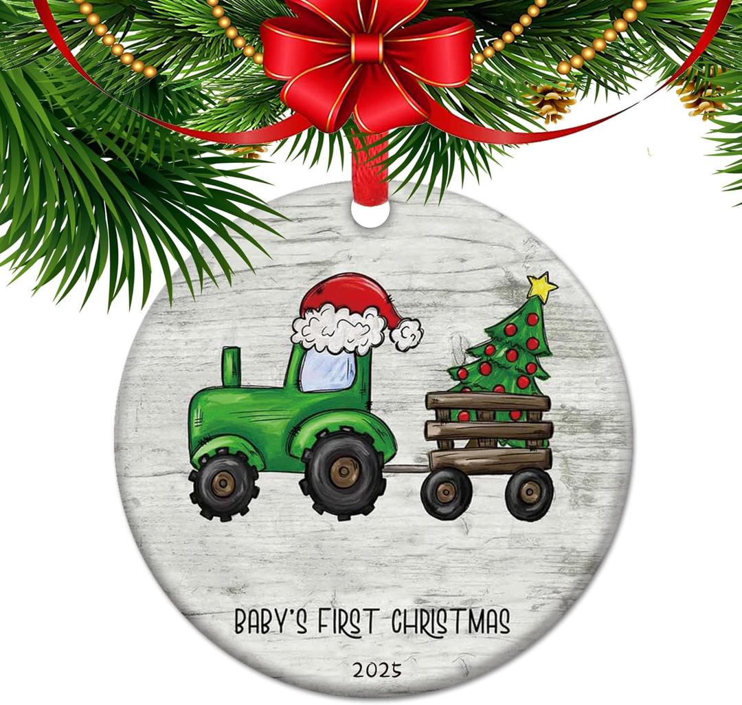 2025 Baby's First Christmas Ceramic Ornament, Keepsake Infant Memory Xmas Tree iday Decor Baby Milestone, Green Tractor (C22)