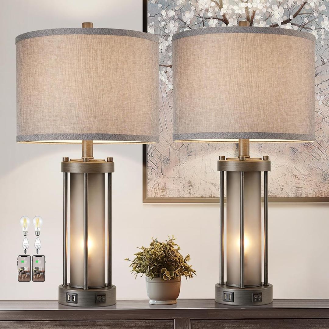 RORIA Set of 2 Rustic Table Lamps for Living Room with 2 USB Ports, Vintage Bedside Lamps with Gray Frosted Glass Night Light for Bedroom Desk Lamps for Entryway, 4 Bulbs Included, Gray