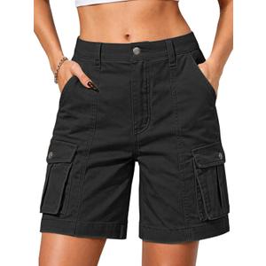 ELLEVEN Bermuda Cargo Shorts Women, Elastic High Waist 6 Pockets Shorts 7 Inch Inseam Summer Jorts for Women Casual (Black, L)