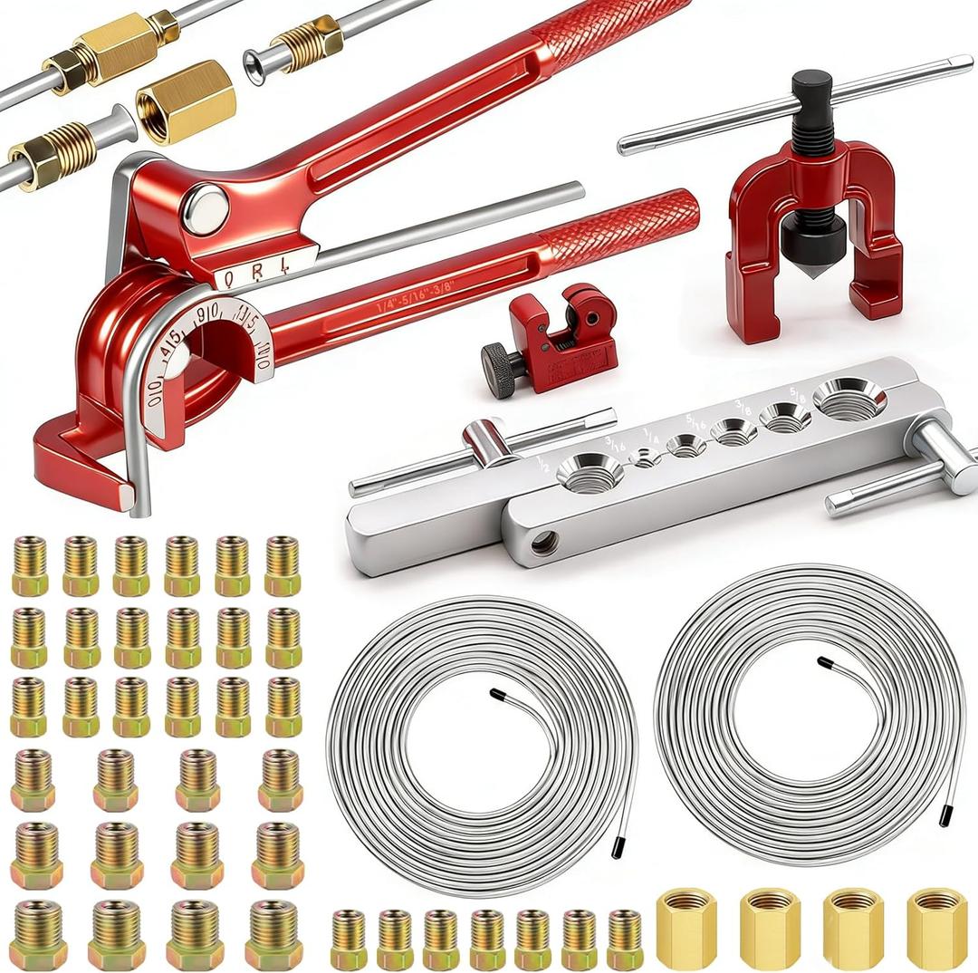 smseace 55Pack 3/16 Inch+3/16 Inch Brake line kit Include 25 FT Zinc-Plated Brake Lines with Fitting(32pcs Fittings,4pcs Union+8pcs Nut) Brake line Bender,Single Flare Tool,Cutter Brake line kit (Silver)