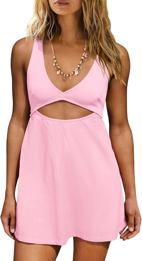 ReachMe Womens Cut Out Dresses Short Sleeveles Mini Dress Summer V Neck A Line Dresses Beach Vacation Dress (Pink, S)
