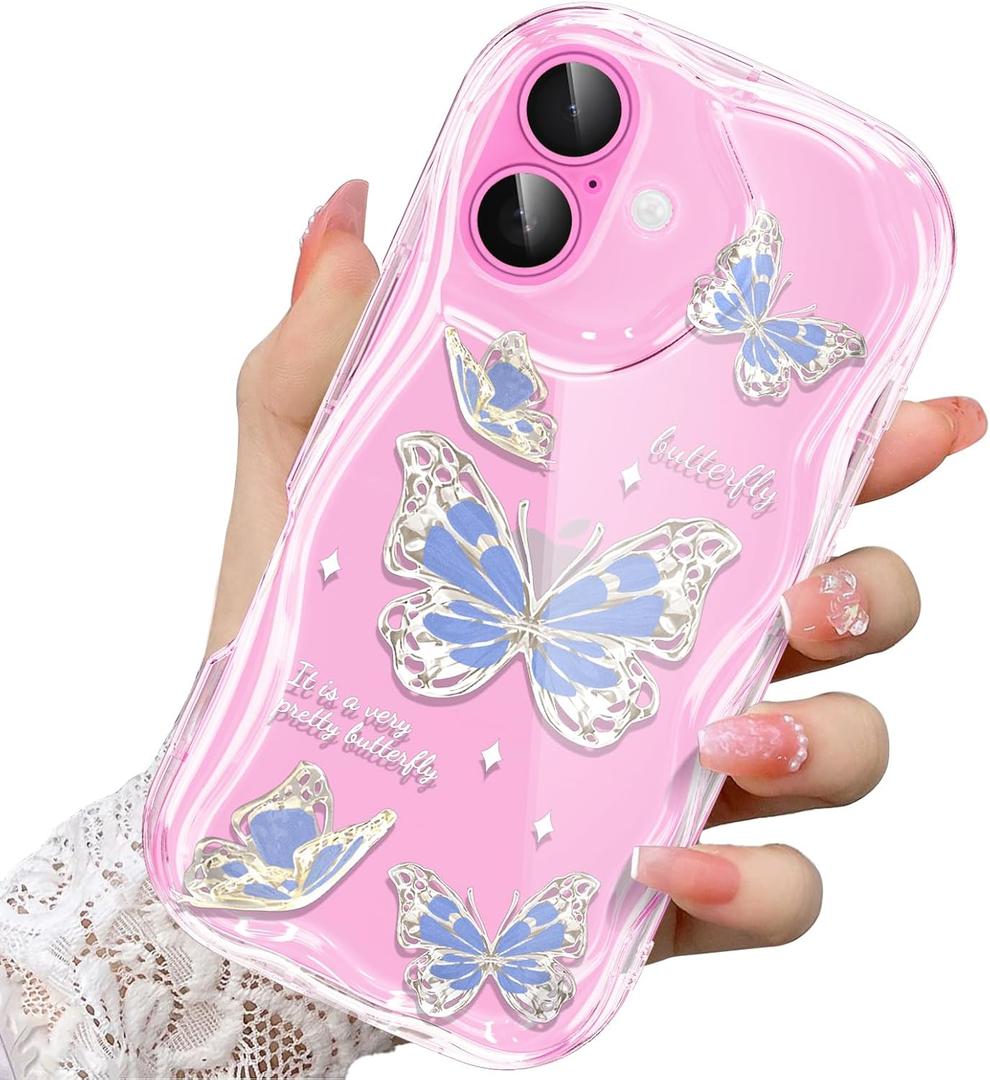 Compatible for iPhone 16 Case, Pretty Butterfly Print Three-Dimensional Wave Clear Case for Girls Women, Soft Full Package Anti-Fall Cover for iPhone 16, Water Blue Butterfly