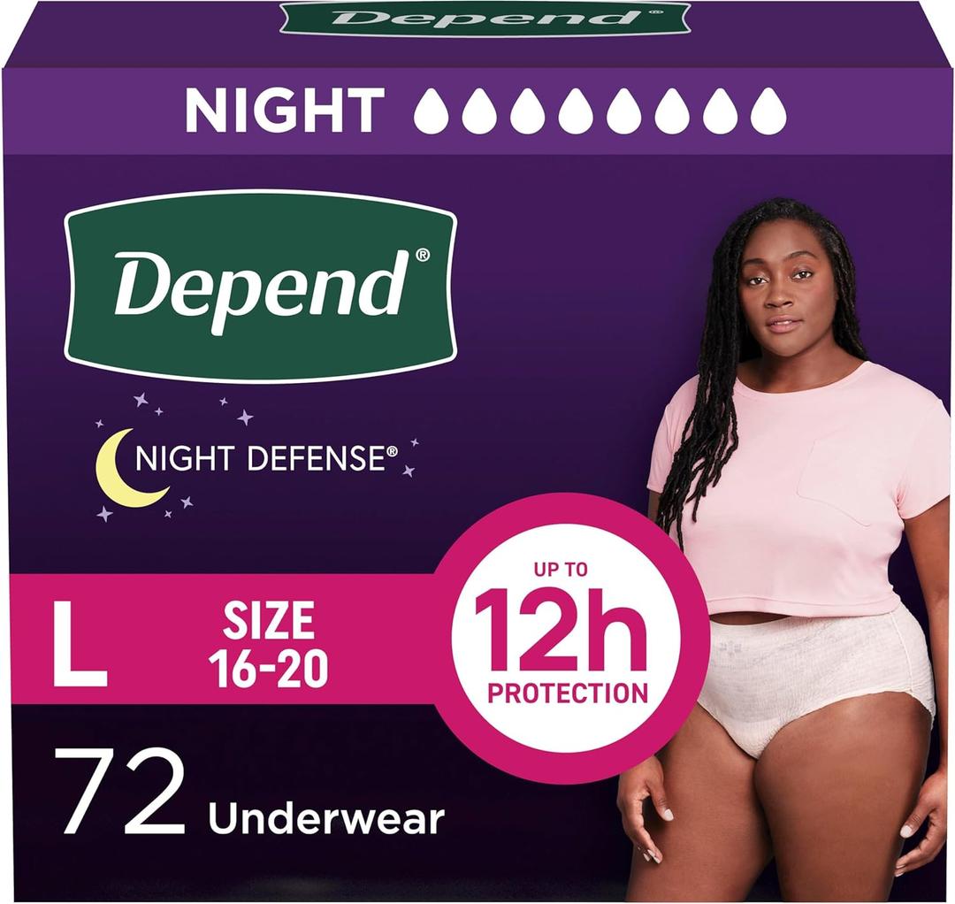 Depend Night Defense Adult Diapers, Incontinence & Postpartum Bladder Leak Underwear for Women, Disposable, Overnight, Large, Blush, 72 Count