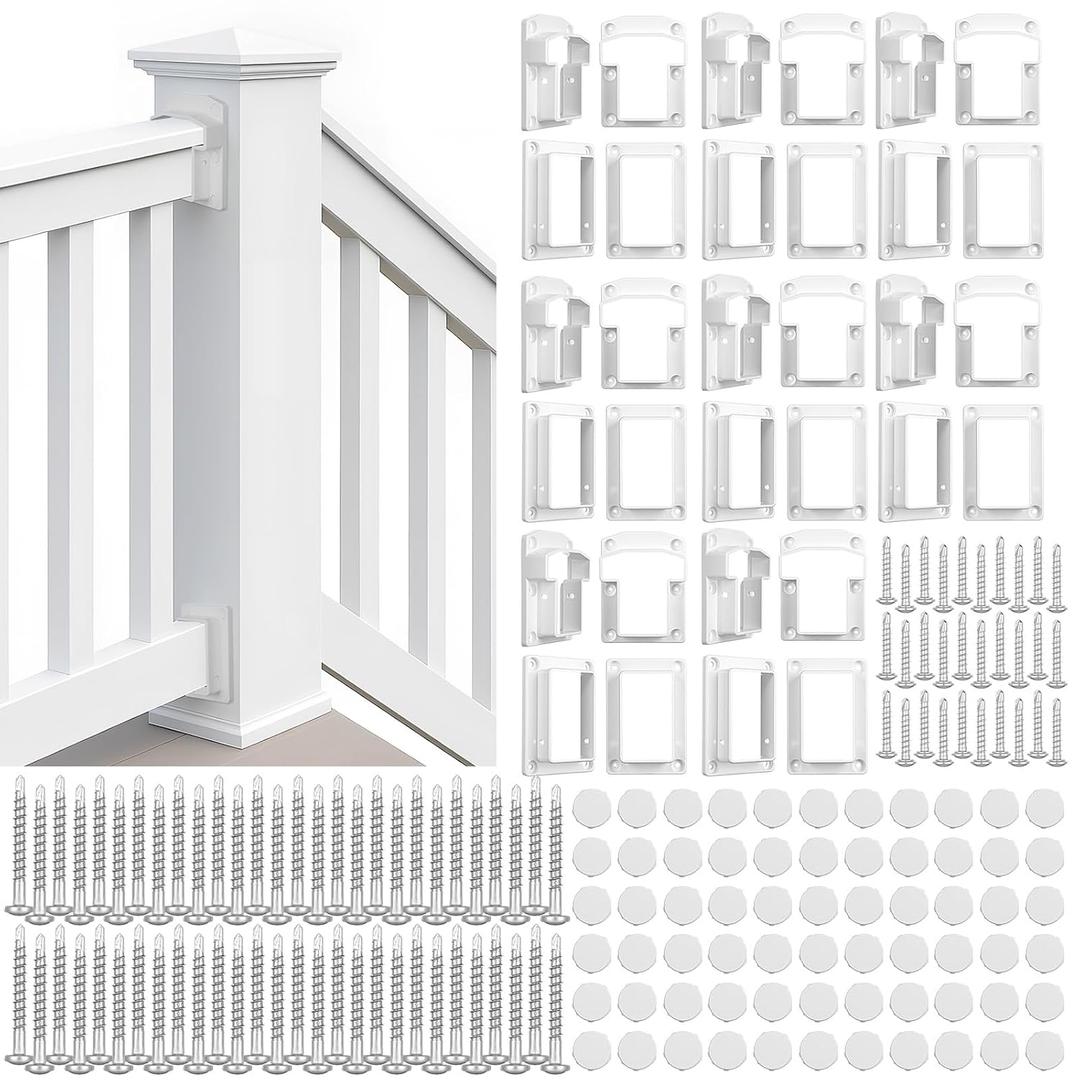 Beeveer 8 Sets Vinyl Fence Railing Bracket Kit with Screws Straight Porch and Deck Railing Bracket Fits for 2″ x 3.5″ White Top and Bottom for Yorkshire and Bolton
