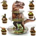 ZOIIWA Dinosaur Themed Cupcake Stand for Dino Birthday Party Decorations 24 Cupcake Topper 3 Tier Dinosaur Dessert Cake Tower for Kids Boys Jungle Birthday Baby Shower Party Supplies Favors