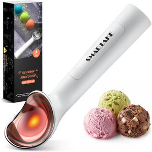 SMARTAKE Heated Ice Cream Scoop, Self Warming to 158F for Hard Ice Cream, Rechargeable Electric Ice Cream Scoop with On/Off Button, Heat-Proof Shell, 2oz Large Spoon, LED Display, 2600mAh, White