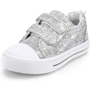 K KomForme Toddler Sneakers for Boys and Girls Dual Hook and Loops Sneakers Baby Canvas Shoes (10 Toddler, Sliver Glitter)