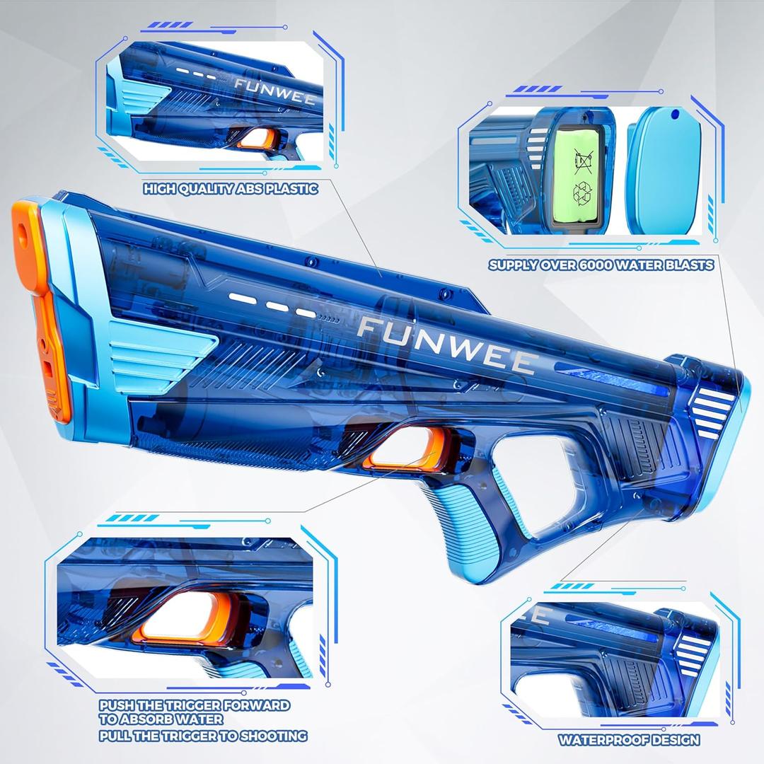 2 Pack Electric Water Gun for Adults Kids, Powerful Automatic Squirt Gun, High Powered Shooting 100+ Times, Long Range, Auto Water Blaster, Pool Outdoor Water Toy(Transparent Blue)