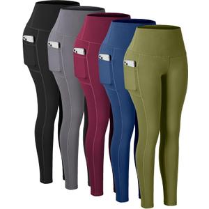 CHRLEISURE Leggings with Pockets for Women, High Waisted Tummy Control Workout Yoga Pants (Medium, 5 Packs - Black/Grey/Burgundy/Turquoise/Matcha Green)