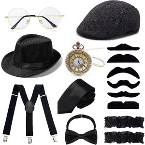 1920s Mens Costume Accessories Outfit Fedora Hat Vintage Roaring 20s Costumes Gangster Accessories for Gatsby Party (Black)