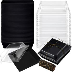 Ctosree 100 Pcs Paper Charcuterie Boxes with Clear Lids 4.5 Inches Disposable Cake Square Dessert Container Bakery Boxes Bundle with Rope for Food Cake Slice Cookie Sandwich Dessert(Black)