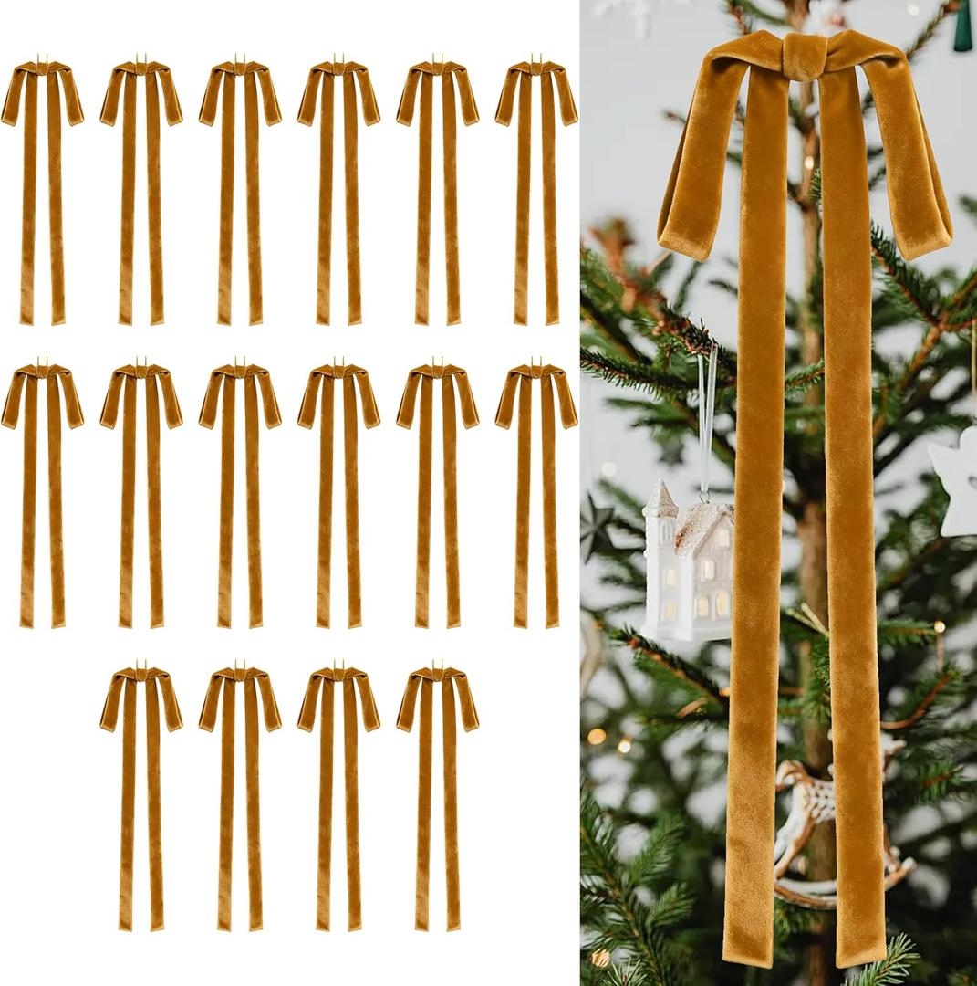 16 Pieces Christmas Velvet Bows 12 x 20 Inch Vintage Large Velvet Ribbon Bows Rustic Christmas Tree Ornaments for Xmas Home Wreath Garland Gift Wrapping Decorations(Khaki, Width of 1")