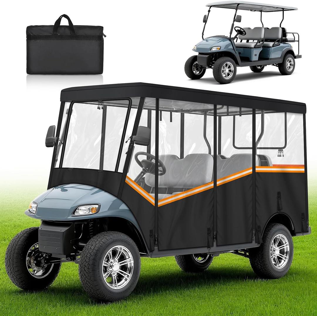 Golf Cart Enclosure for 6 Passenger, 600D Waterproof Golf Cart Rain Cover with Clear PVC Windshields, Compatible with Club Car & EZGO, Fits Extended Roof, Roll-Up Doors & Windproof Straps