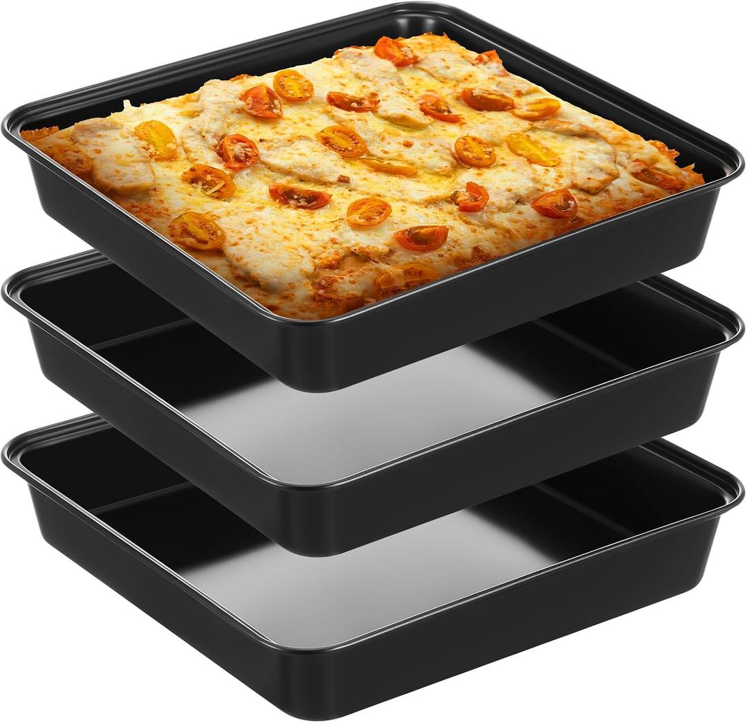3 Pcs Detroit Style Pizza Pan 10 x 10 x 1.8 Inch Hard Rectangular Deep Pizza Pans Non Stick Sicilian Style Pizza Pan Dish Pre Seasoned Bakeware Kitchenware