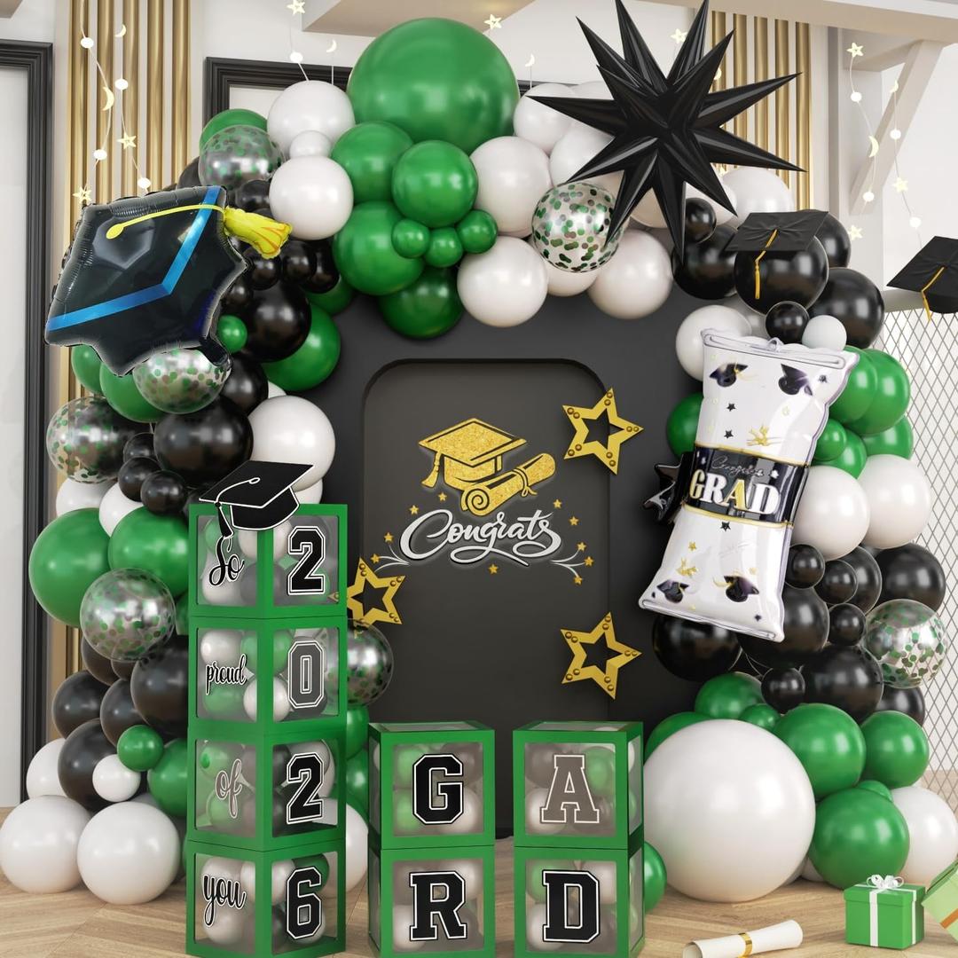 Congratulations Graduation Decor Class of 2026 Green and Black Balloons Arch kit with Balloons Boxes, Graduation Party Decor Gold Confetti Balloon Explosion Star Certificate Trophies Foil Balloon
