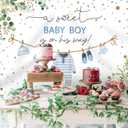 Baby Shower Backdrop for Boys Blue Gold Dots Jumpsuits A Sweet Baby Boy is On His Way Photography Background Kids Newborn Boys Birthday Party Decoration Supplies Banner Photo Booth Props 7x5ft