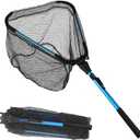 LBW Collapsible Rubber Fishing Net with Handle, Folding Kayak Net for Freshwater or Saltwater, Portable Landing Net for Trout, Catfish, Bass (Fixed Pole Blue)