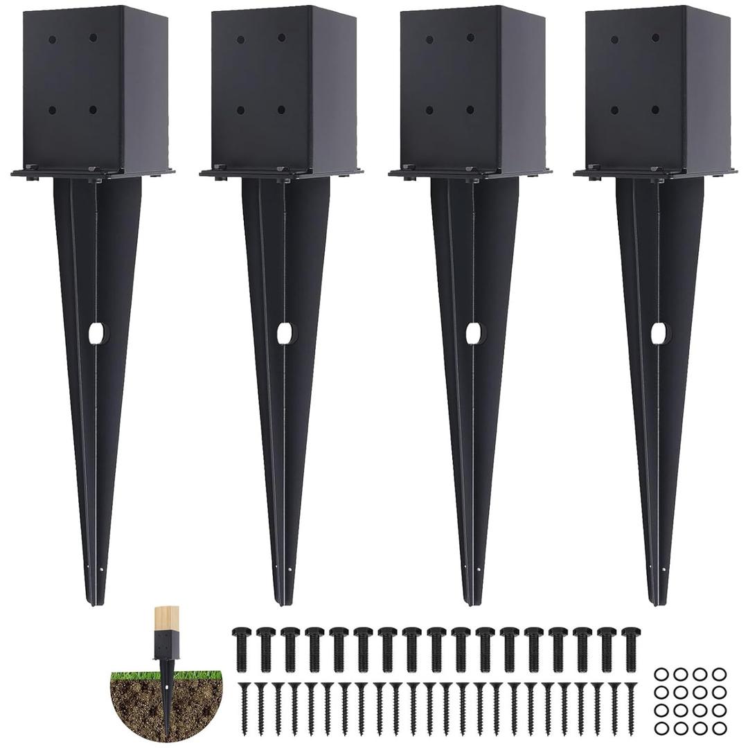 4 Pcs 4"x4" Fence Post Anchor,Inner Size 3.6"x3.6" Heavy Duty Fence Post Anchor Ground Spike 22" with Black Powder-Coated Outdoor Support Deck,Fence,Porch,Railing,Mailbox..