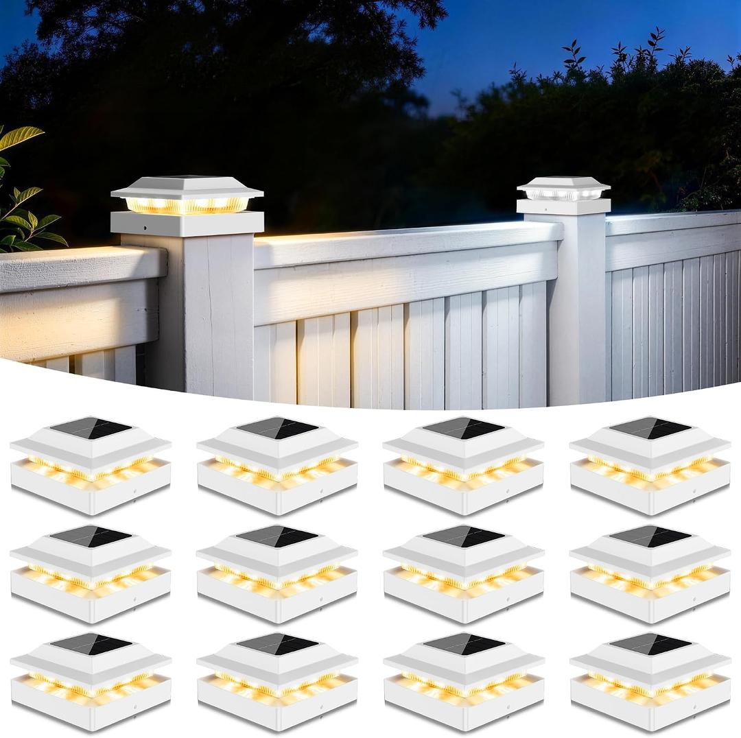 Solar Post Cap Lights 12-Pack, IP65 Waterproof Fence Post Solar Lights for 4x4 Wood/Vinyl Posts, Outdoor Post Lights with 2 Color Modes Decorate Garden Patio Porch Backyard, White