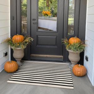 Collive Black and White Striped Fall Door Mat 24"x35", Cotton Hand Woven Welcome Entryway Rug,Washable Small Porch Autumn Decor, Welcome Door Mat for Indoor Outdoor Kitchen Farmhouse Entrance