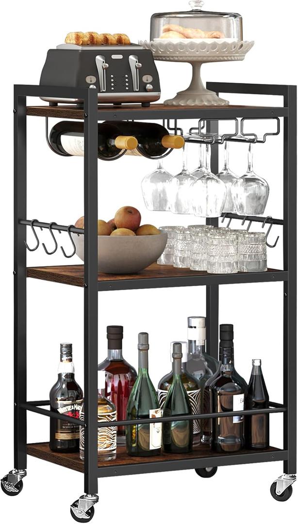 TUTOTAK Bar Cart, Home Bar Serving Cart, Microwave Cart, Drink Cart, Mobile Kitchen Shelf with Wine Rack and Glass Holder, Rolling Beverage Cart for Living Room, Kitchen, Brown BC01BB032 (13"D x 17"W x 33"H)