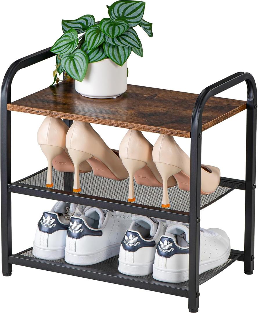 RUNJIMY 3Tier Wooden Shoe Rack with Metal Mesh Shelves  for Entryway, Closet, Hallway & Bedroom Holds 6 Pairs, Ideal for Storage or Display