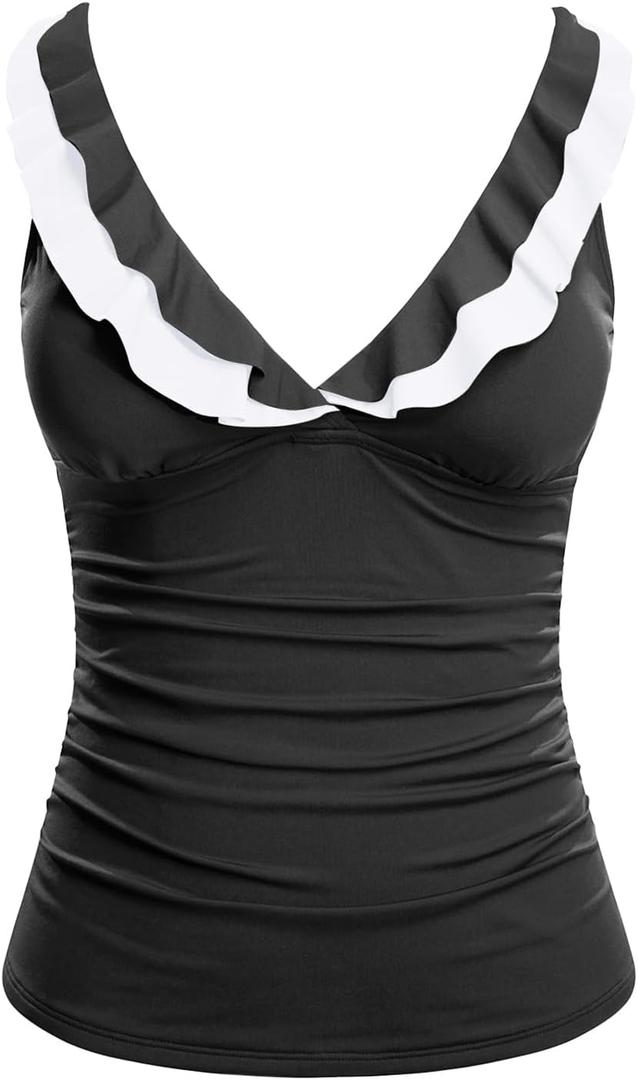 Yonique Women's Tankini Top Only Tummy Control Bathing Suit Top Ruffle Swimsuit Top V Neck Swim Tank Top No Bottom, L