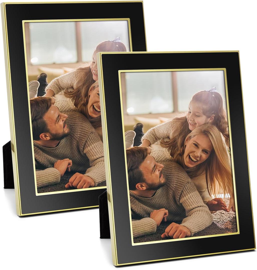 TWING Gold Picture Frame 5x7 Black and Gold Metal Picture Frames with HD Real Glass Wedding Photo Frame Velvet Backing for Tabletop Display, Nice Gift for Family/Friends/Art Work/Record Memorial 2 Pack