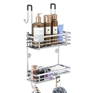 Gaseawolf Over the Door Shower Caddy, Stainless Steel Hanging Shower Caddy, No Drilling Shower Organizer Over Shower Door with 2-Tier Rack and Hooks, Holds Body Wash, Shampoo, Soap, Razor, Silver
