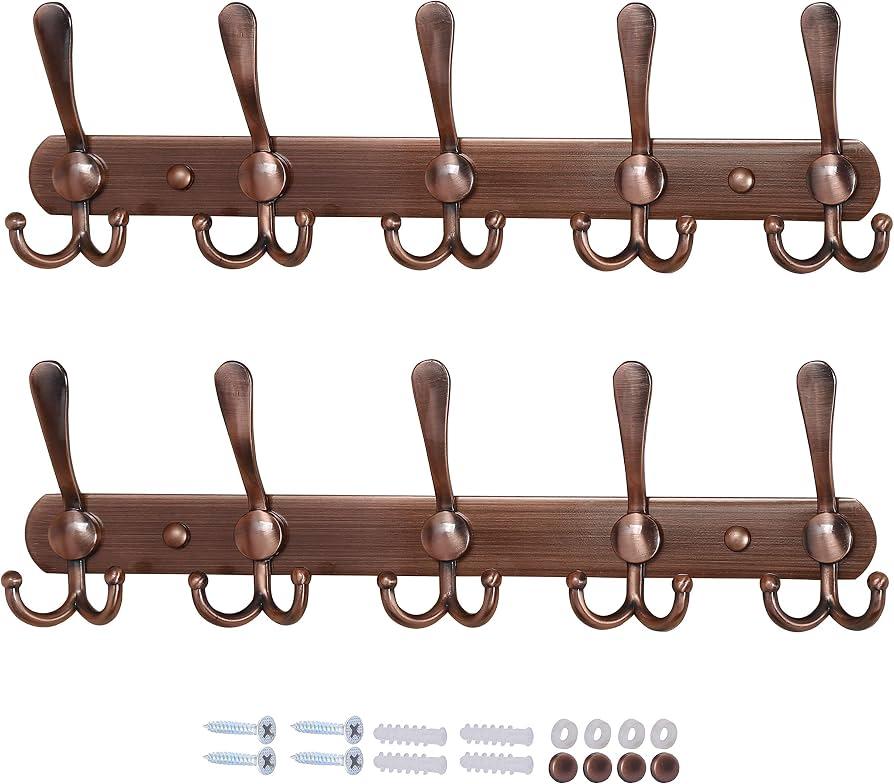 Dseap Wall Mounted Coat Rack - 5 Tri Hooks, Heavy Duty, Stainless Steel, Metal Coat Hook Rail for Coat Hat Towel Purse Robes Mudroom Bathroom Entryway (Wood, 2 Packs)