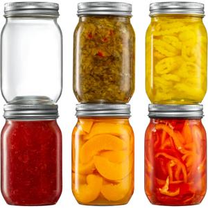 [6 Pack] 16 oz. Regular-Mouth Glass Mason Jars with Metal Airtight Lids and Bands for 1 Pint Canning, Preserving, & Meal Prep