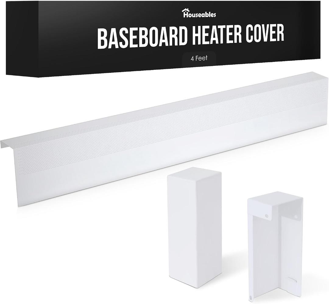 Houseables Baseboard Heater Covers, Baseboard Covers, For Radiator Heat, Base Board Heaters, Electric Heated Board, Hydronic Radiators, Left and Right End Caps, Home, Vent, Metal, White, Slip On, 4 FT
