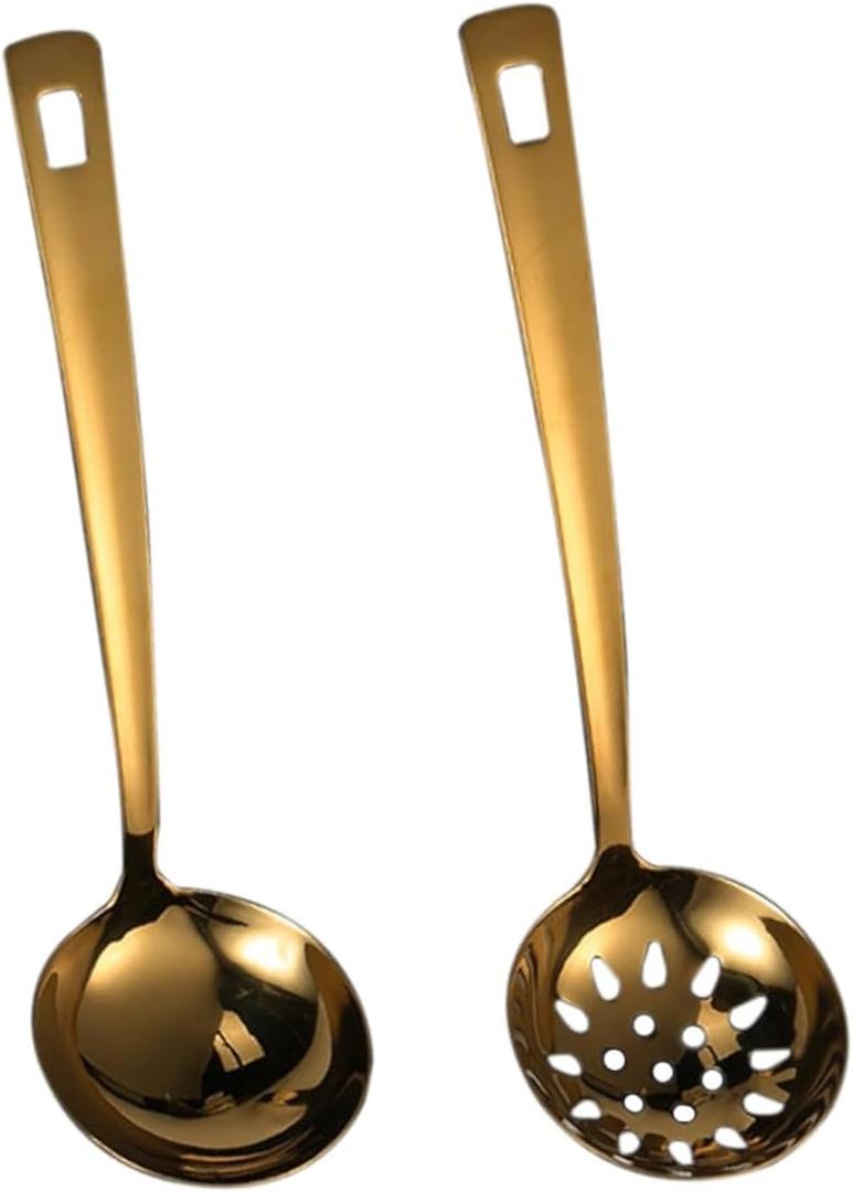 2-Pack Gold Soup Ladle With Colander, 9.5 Inch Heavy Duty Stainless Steel Hotpot Serving Spoons, Kitchen Stirring Utensils (Gold)