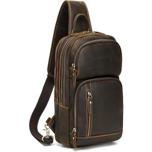 LANNSYNE Full Grain Leather Sling Bag For Men, Crossbody Bag fits 12.9" iPad Crossbody Chest Daypack (Brown)