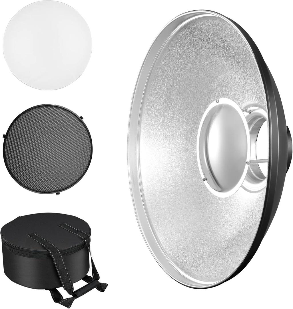 Soonpho 21 inch/55cm Standard Reflector Beauty Dish with Honeycomb Grid, Diffuser Sock and Bag,for Bowens Mount Studio Strobe Flash Light Like Neewer VC-400HS VE-300 Godox AD200 AD180 AD360(Silver)