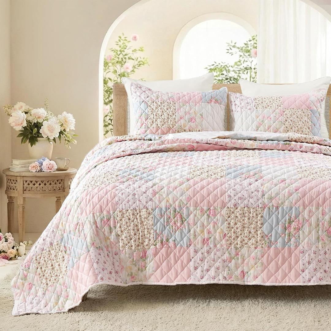 Wonderful - Real Patchwork Quilt Set Queen Size, 3 Piece Cotton Front Floral Pink Bedding, Boho Farmhouse Reversible Bedspread for All Season, 90"x90"