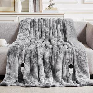 Homemate Electric Heated Blanket Queen Size - 84"x90" Heating Blanket Queen Size Dual Control 1/2/4/6/8 Hours Auto-Off 10 Heat Level Over-Heat Protection Luxury Faux Fur Sherpa ETL Certification