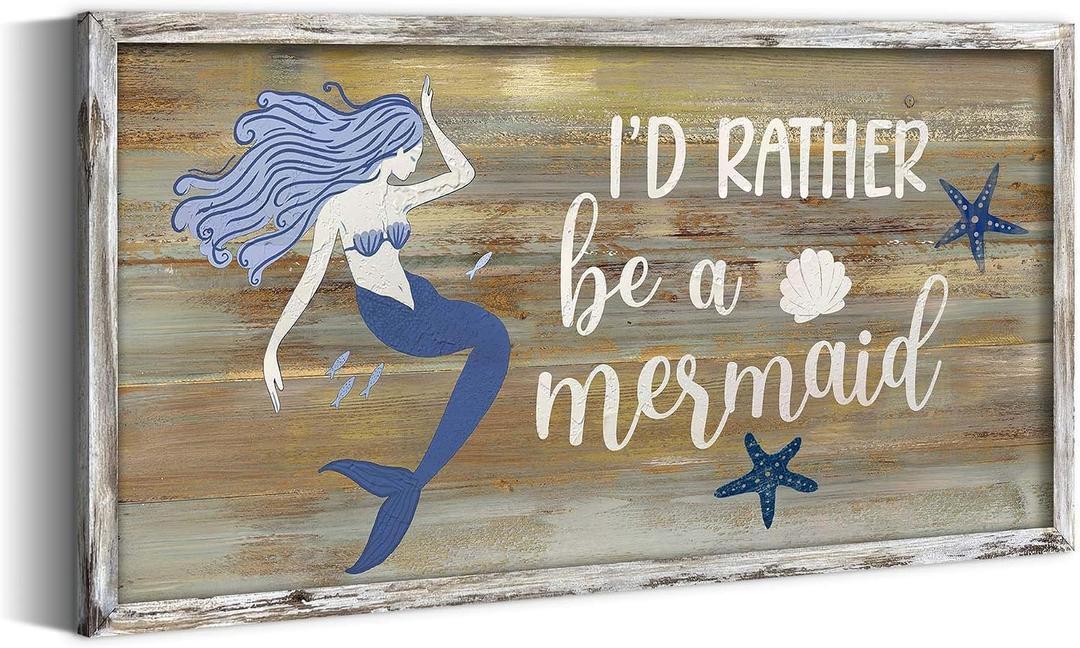 Rustic Mermaid Framed Wall Art: Modern Wooden Ocean Theme Painting Wood Decor Vintage Sea Life Artwork Coastal Starfish Picture Prints for Bathroom