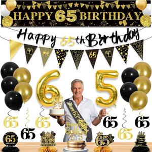 27pcs 65th Birthday Decorations for Men,Black Gold 65th Party Decorations,Happy 65th Birthday Banner Honeycomb Hanging Swirls Cake Topper and Balloons Kit Party Supplies
