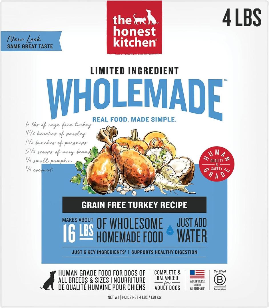 The Honest Kitchen Human Grade Wholemade Dehydrated Dog Food, Limited Ingredient Dog Food, Turkey, 4 lb (makes 16lbs (EXP 10/14/26)