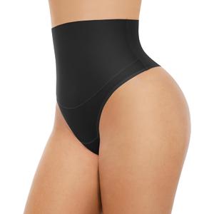 FeelinGirl Thong Shapewear for Women Tummy Control Mid Waisted Body Shaper Underwear Seamless Body Shaper Panties (Medium, Black)
