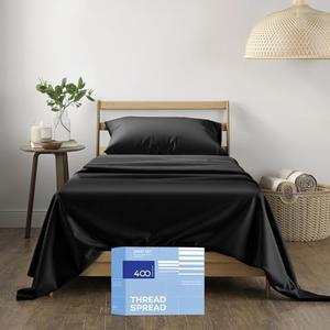 THREAD SPREAD Twin XL Sheets Set Cotton - 400 Thread Count 100% Cotton Twin XL Sheet Set, 3 PC Twin XL Sheets, Cooling Sheets for Dorm Rooms & Adults, 16" Deep Pocket Extra Soft Cotton Sheets (Black)